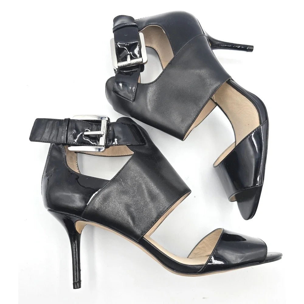 Michael Kors Black Leather Patent Cutout Stiletto Heel Sandals 9.5 Zip Back